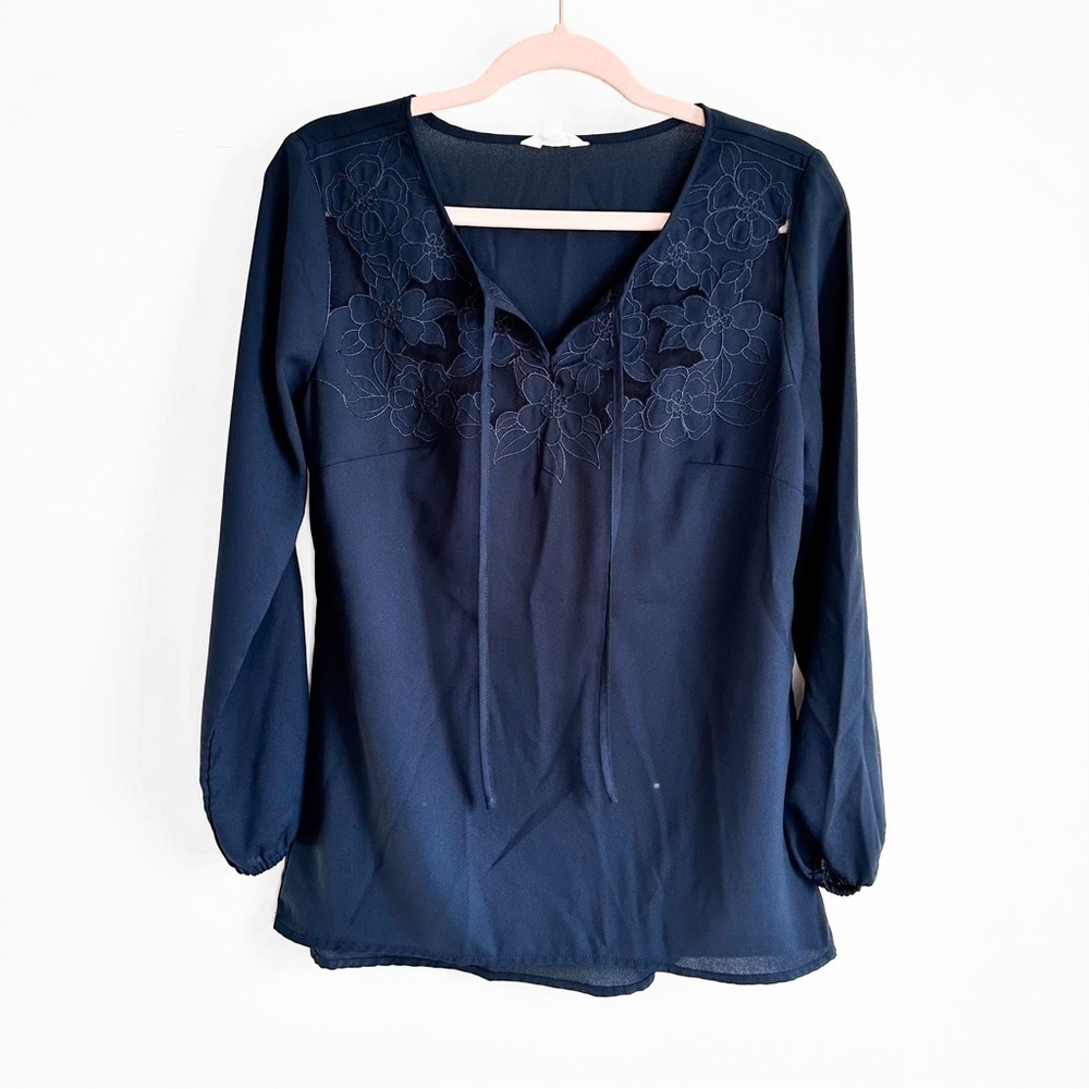 Adiva Navy Blue Sheer Floral Panel Relaxed Fit Blouse Top sz Small